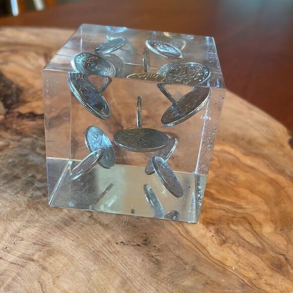 Vintage 70's Mid-Century Lucite & Dime Incapsulated Paperweight/Accent Piece - Picture 5 of 7